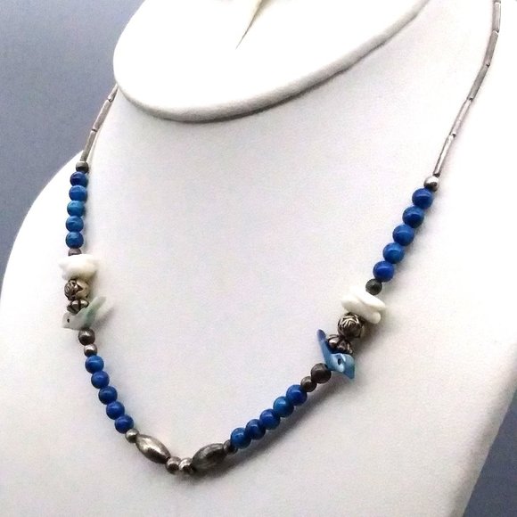 Vintage Rose Beads Necklace in Silver Tone with Blue, Mother of Pearl and Carved - Picture 3 of 4